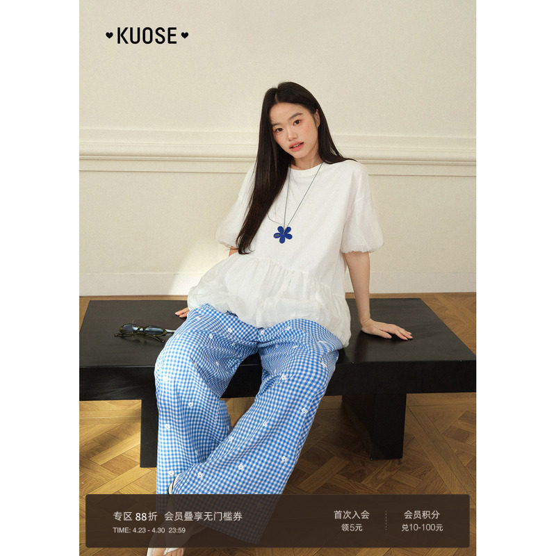 阔色白色花苞上衣娃娃衫圆领t恤半袖26春夏季新款女法式宽松上衣