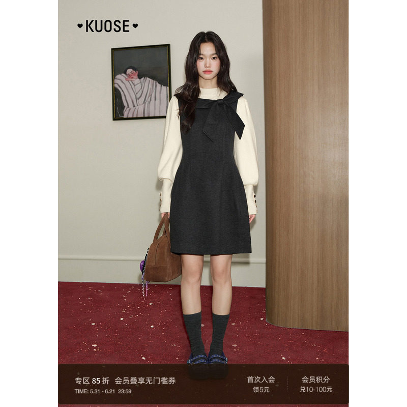 阔色法式收腰连衣裙内搭毛衣两件套装女25冬季灰色背心裙短裙子秋
