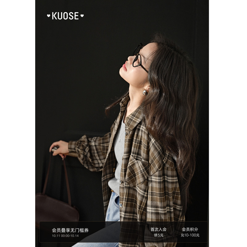 休闲复古格子翻领外套宽松