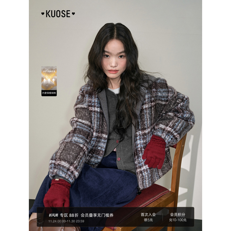 格子连帽外套短款休闲穿搭