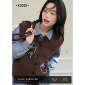 开衫 棕色无袖 背心外套秋 新款 阔色刺绣针织马甲外搭上衣女2026春季