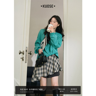 上衣 假两件穿搭长袖 阔色不规则格纹拼接绿色卫衣女新款 2025秋冬季