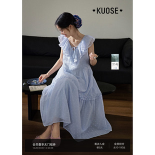 女白色长裙子背心裙 新款 阔色蓝色荷叶边无袖 系带收腰连衣裙25夏季