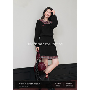 阔色格子假两件斜肩连衣裙女2025秋冬新款 穿搭黑色收腰加绒短裙子