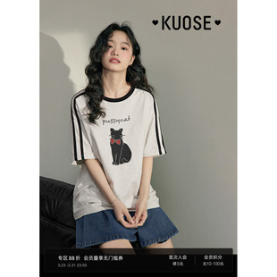 宽松半袖 阔色美式 新款 T恤女2025夏季 上衣 复古运动风猫咪纯棉短袖