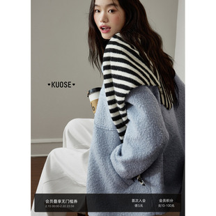 阔色小个子温柔系穿搭毛呢外套女2025秋冬季新款蓝色翻领呢子大衣