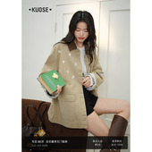 女翻领上衣秋 新款 阔色卡其色假两件条纹撞色中长款 外套夹克26春季