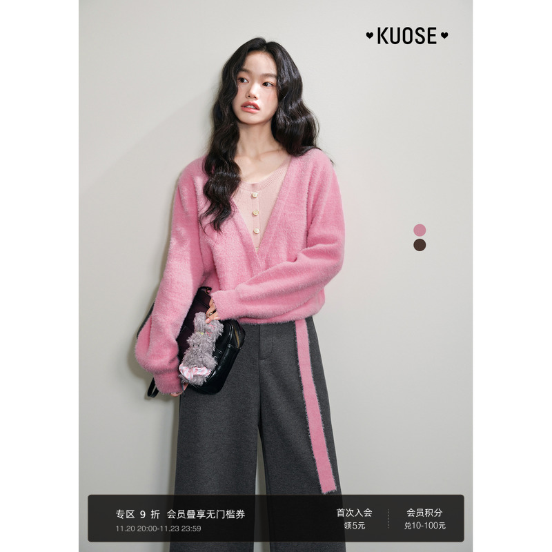 设计感假两件咖啡色毛衣上衣女