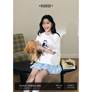 圆领宽松搭配上衣 新款 阔色宠物小猫字母印花短袖 t恤女2025初夏季