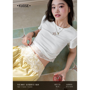 阔色蕾丝花边短袖t恤女26夏季新款镂空绣花白色短款收腰显瘦上衣