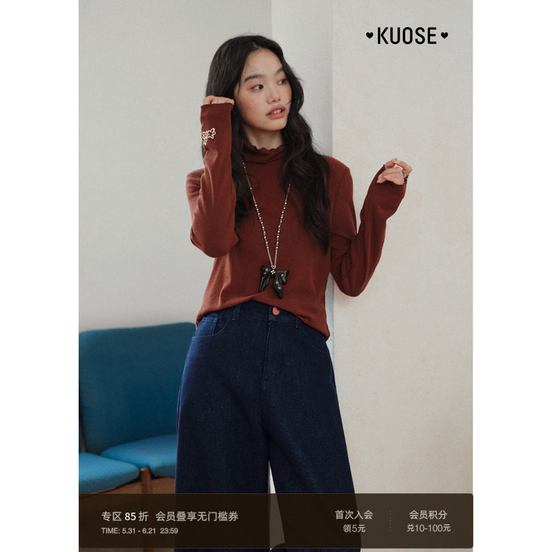 阔色红色半高领针织衫t恤女26春季新款刺绣内搭打底长袖上衣秋冬