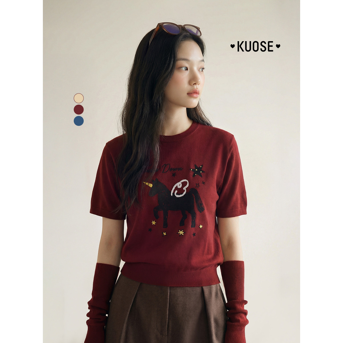 阔色红色短袖针织衫叠穿内搭毛衣26春季穿搭新款女黄色上衣短款秋