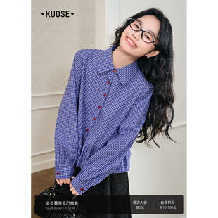 短款 新miu系穿搭荷叶边衬衣上衣小衫 女25秋冬季 阔色蓝色格子衬衫