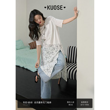 阔色白色镂空刺绣拼接蕾丝开叉上衣女2025夏季新款不规则长款T恤