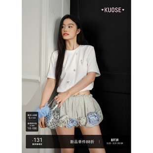 宽松纯棉短袖 新款 t恤春 女2026夏季 阔色白色立体珠片气质上衣半袖