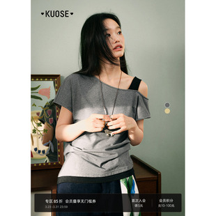 黄色修身 新款 露肩短上衣秋 t恤女2026春季 阔色灰色假两件斜肩短袖