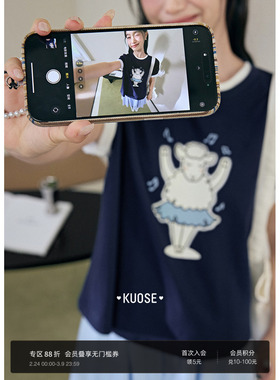 阔色深蓝色芭蕾绵羊印花短袖上衣女2025夏季新款纯棉半袖T恤长款