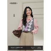 阔色灰色v领菱格针织背心女2026春秋季 新款 棕色复古学院风马甲冬