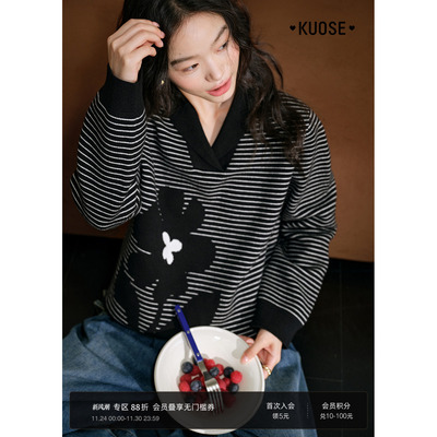 条纹气质翻领毛衣针织衫宽松