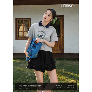 美式 polo领短袖 上衣女装 新款 t恤秋 2026春季 阔色灰色兔子印花短款