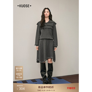 女短裙子 穿搭新款 阔色灰色不规则翻领灰色长袖 收腰连衣裙25秋冬季
