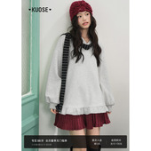 宽松长袖 阔色灰色慵懒荷叶边套头连帽卫衣女2026春季 新款 上衣秋冬