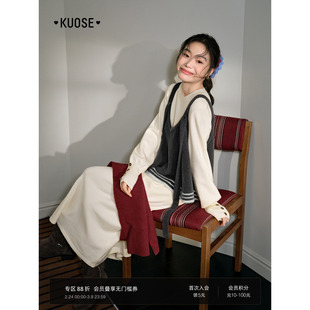 阔色针织吊带法式长袖连衣裙两件套装女25秋冬季新款灰色背心上衣