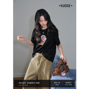 趣味印花圆领t恤夏 新款 阔色黑色正肩纯棉宽松短袖 上衣女2025秋季