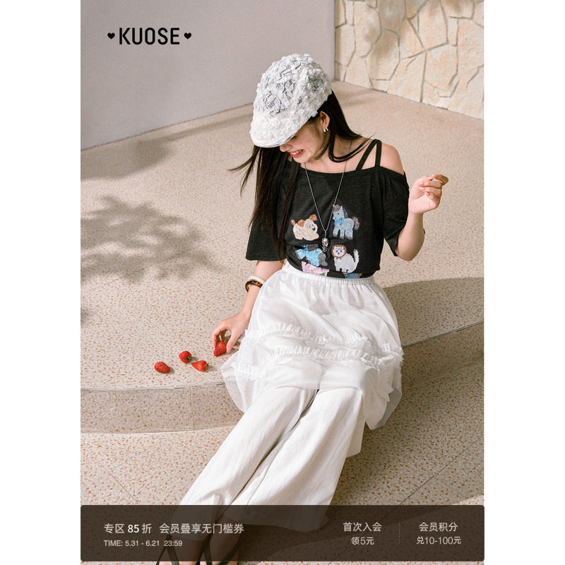 阔色莱赛尔斜肩吊带t恤女26夏季新款慵懒感印花黑灰色短袖上衣春