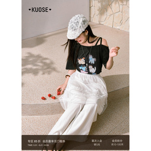 阔色莱赛尔斜肩吊带t恤女26夏季新款慵懒感印花黑灰色短袖上衣春