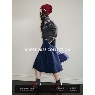 阔色蓝色灯芯绒工装 叠穿搭女长裙子a字裙新 裙半身裙半裙25秋冬季