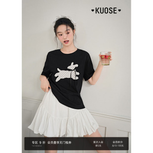 阔色黑色可爱波点小狗正肩短袖 圆领纯棉上衣 T恤女2025夏季 新款