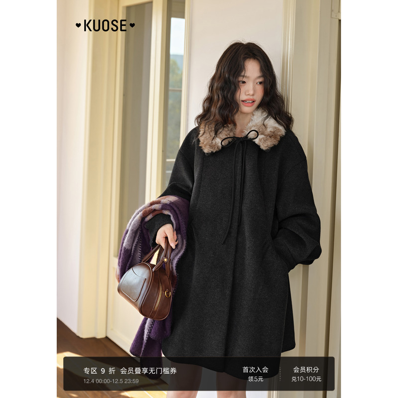 可拆卸毛领呢子大衣中长款