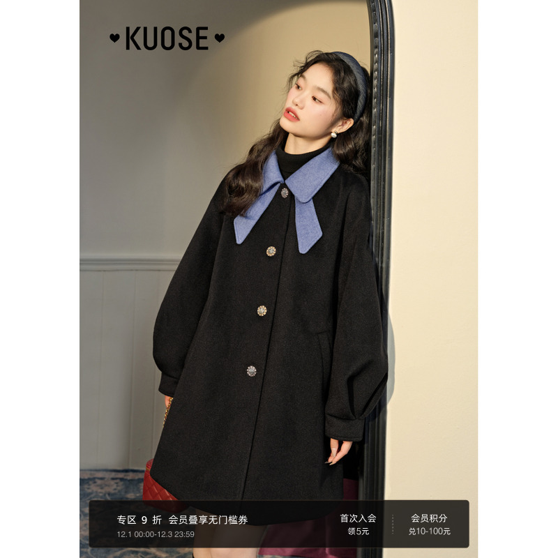 阔色法式娃娃领黑色呢子大衣