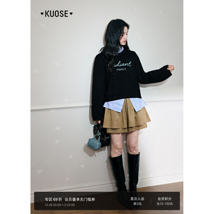 美拉德高腰休闲短裤 新款 子 女2025秋冬季 阔色棕色仿麂皮半身裙裤