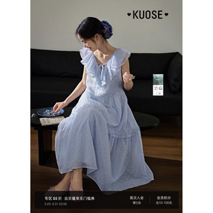 阔色蓝色荷叶边无袖 女白色长裙子背心裙秋 系带收腰连衣裙新26春季