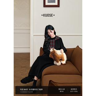 阔色拼接格纹披肩毛衣裙气质女2025秋冬季新款黑色针织连衣裙长裙