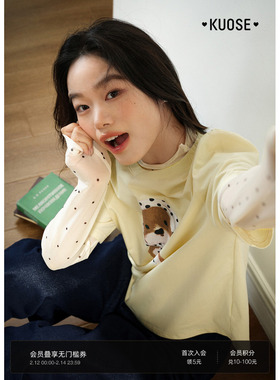 阔色黄色波点小狗圆领短袖t恤2026春季新款女宽松时髦上衣内搭秋