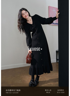 阔色黑色大衣内搭连衣裙25秋冬季新款女针织毛衣裙打底赫本长裙子