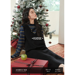 阔色条纹假两件背心裙长袖针织连衣裙2025秋冬季新女宽松长裙子春