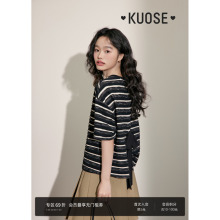阔色黑白条纹蝴蝶结半袖T恤女2025夏季新款显瘦短袖宽松短款上衣