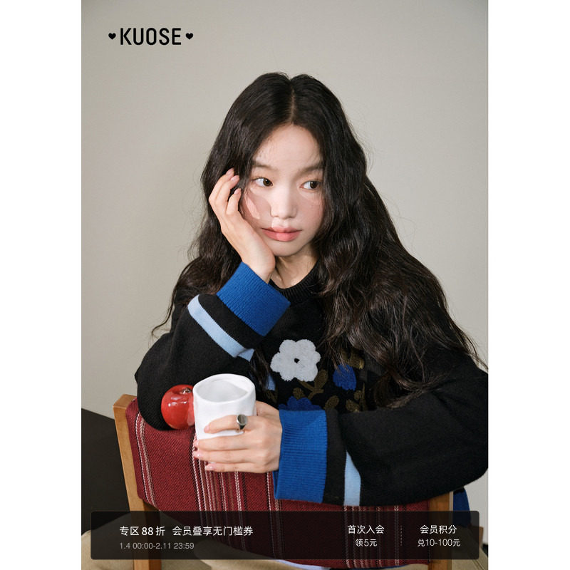 阔色黑色毛巾绣花毛衣长袖针织衫25秋冬季新款女软糯宽松打底上衣,女装/女士精品,毛衣,淘宝优惠券,粉丝福利购,淘宝优惠卷