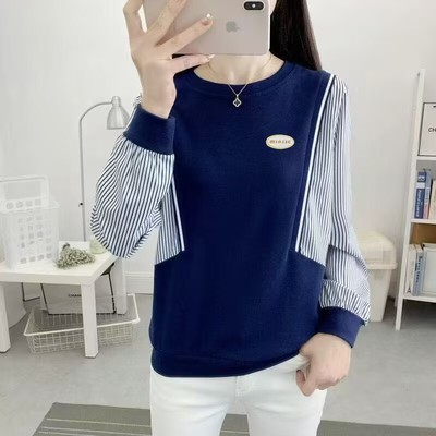 2025新款春秋季高级感假两件卫衣女士宽松圆领长袖上衣外穿秋衣