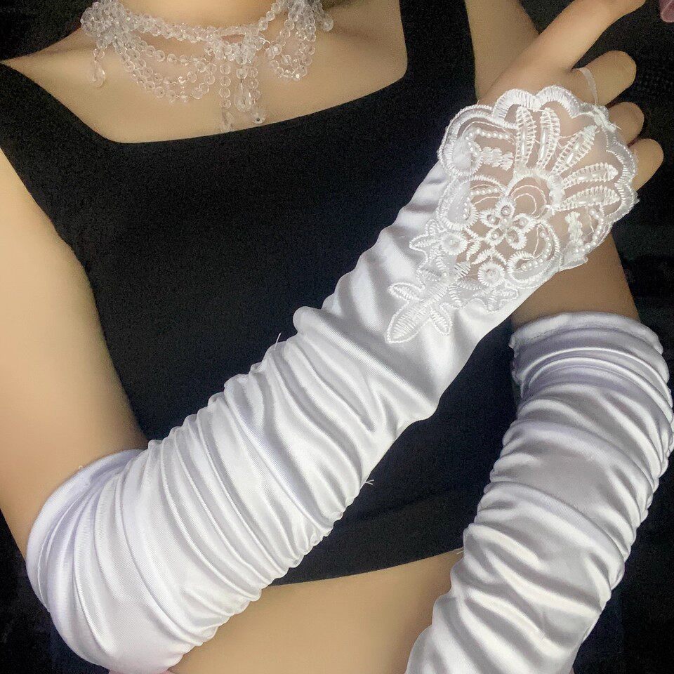 黑色绸缎面复古赫本风礼服手套女拉丁舞跳舞专用长款勾指手袖套