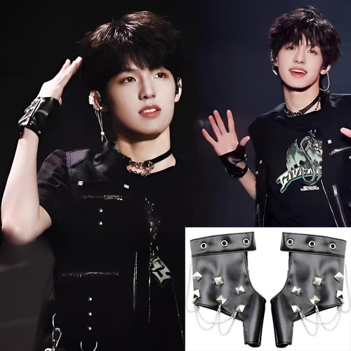 拍照演出炫酷铆钉吊链皮手套