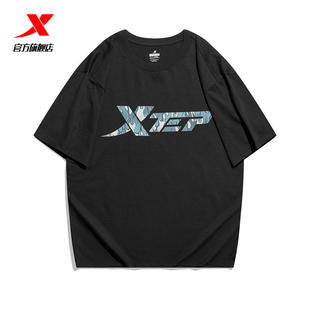 T恤纯棉半袖 特步短袖 国潮情侣装 男装 打底上衣运动体恤黑色 男夏季