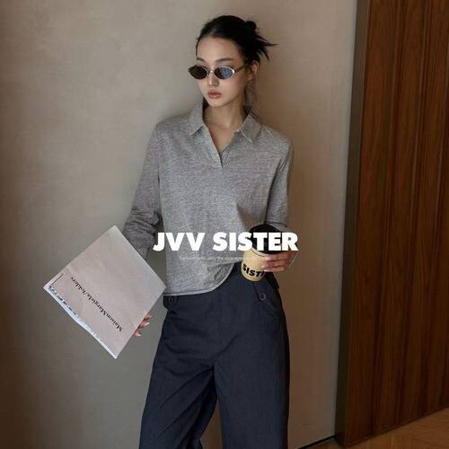 2026秋通勤V领POLO长袖T恤女