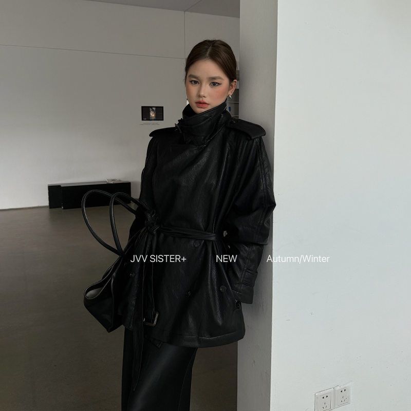 气质中长款皮衣显瘦pu皮风衣女