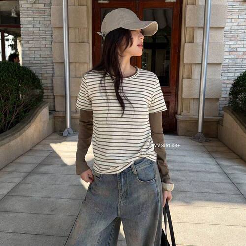 2026秋设计感条纹假两件T恤女