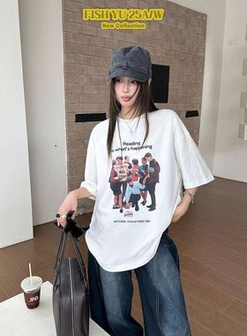 十三行 FISHYU春季新款美式复古人像字母印花圆领短袖女t恤